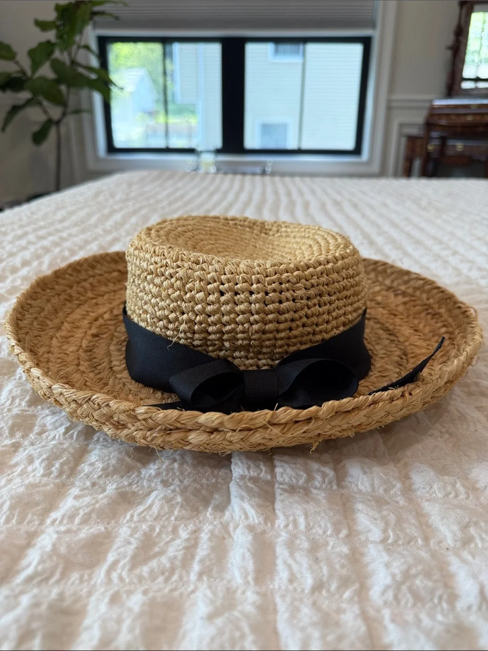Ann Taylor Natural Straw Boater Hat with Beige Trim